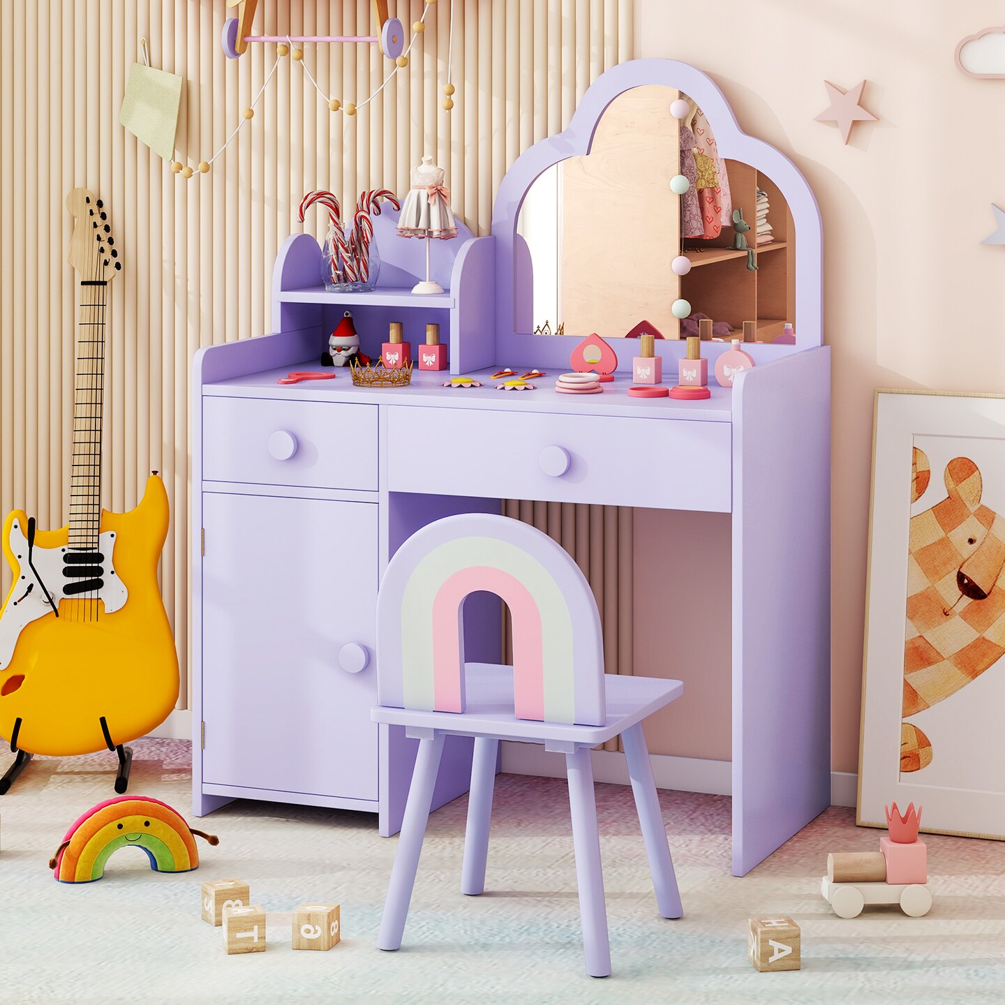 Kids Vanity Set, Cloud Shape Mirror, Storage and Pine Wood Stool