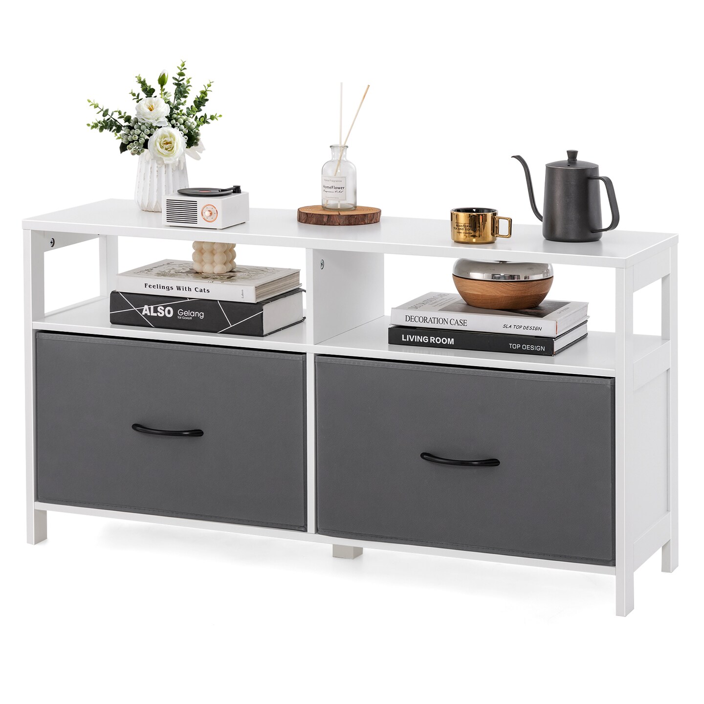 Gray White MDF 2 Drawer Dresser with Open Shelves and TV Stand Use