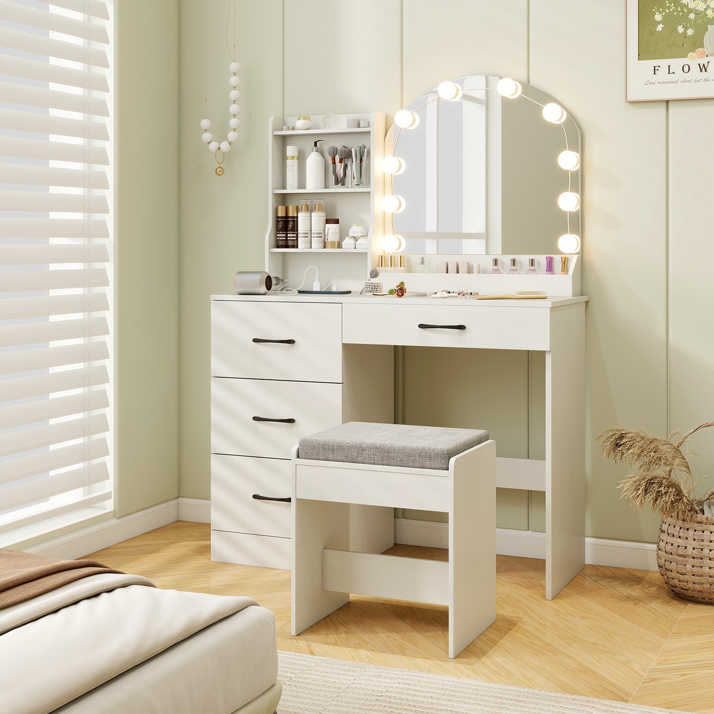 MDF Vanity Table with LED Mirror, Charging Station and Large Storage