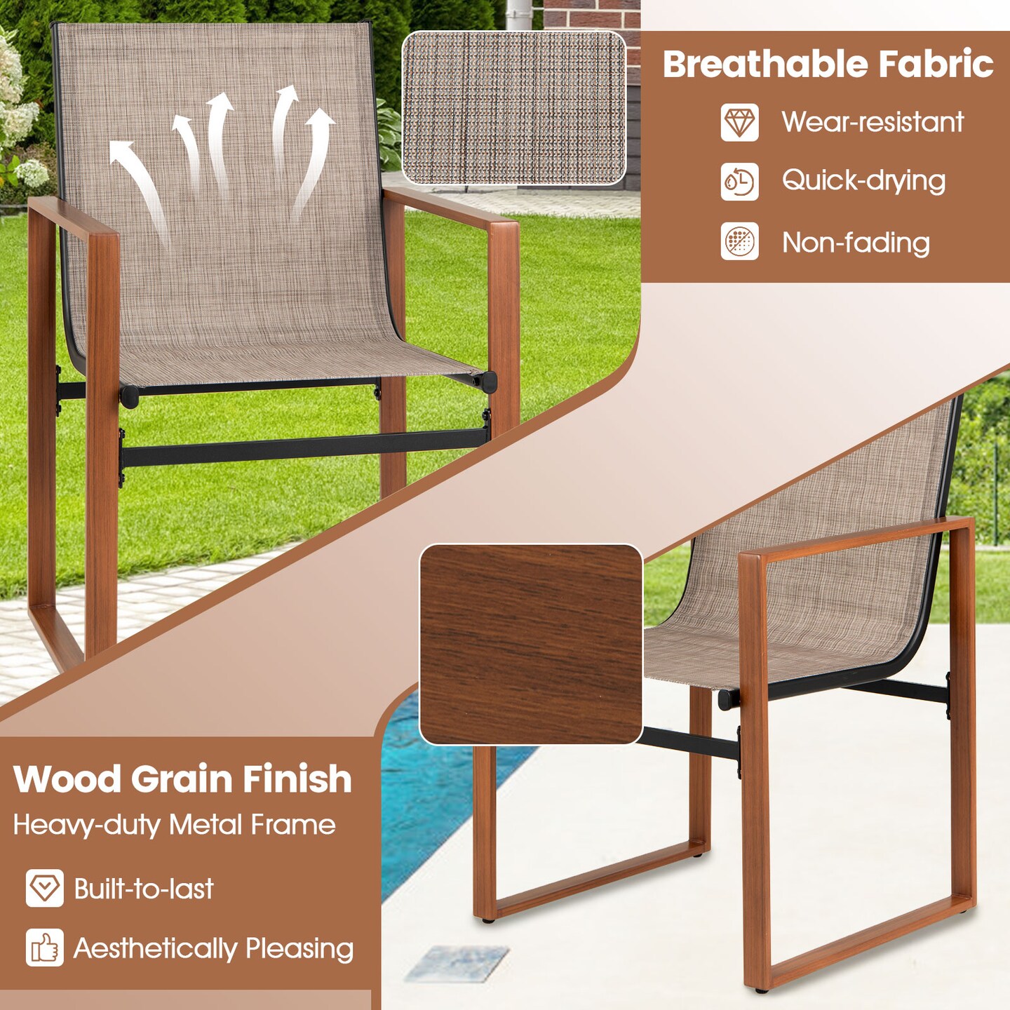 Fabric Patio Dining Chairs Set of 2 with Metal Frame, Ergonomic Design and Adjustable Foot Pads