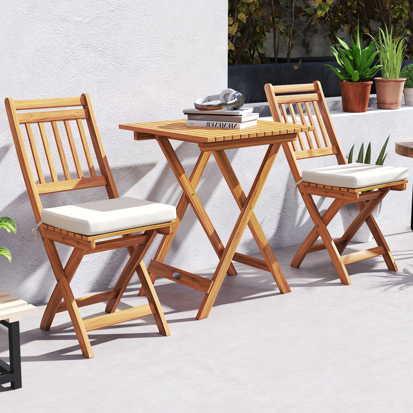 3 Pieces Acacia Wood Patio Bistro Set with Soft Seat Cushions Ideal for Outdoor Use