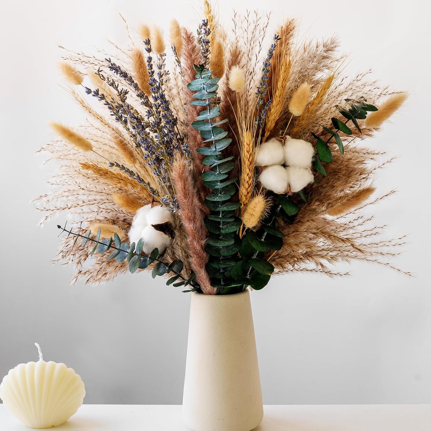 Handmade Dried Flower Bouquet - Pampas Grass, Eucalyptus & Cotton Stems - Boho Home Decor, Wedding Centerpiece