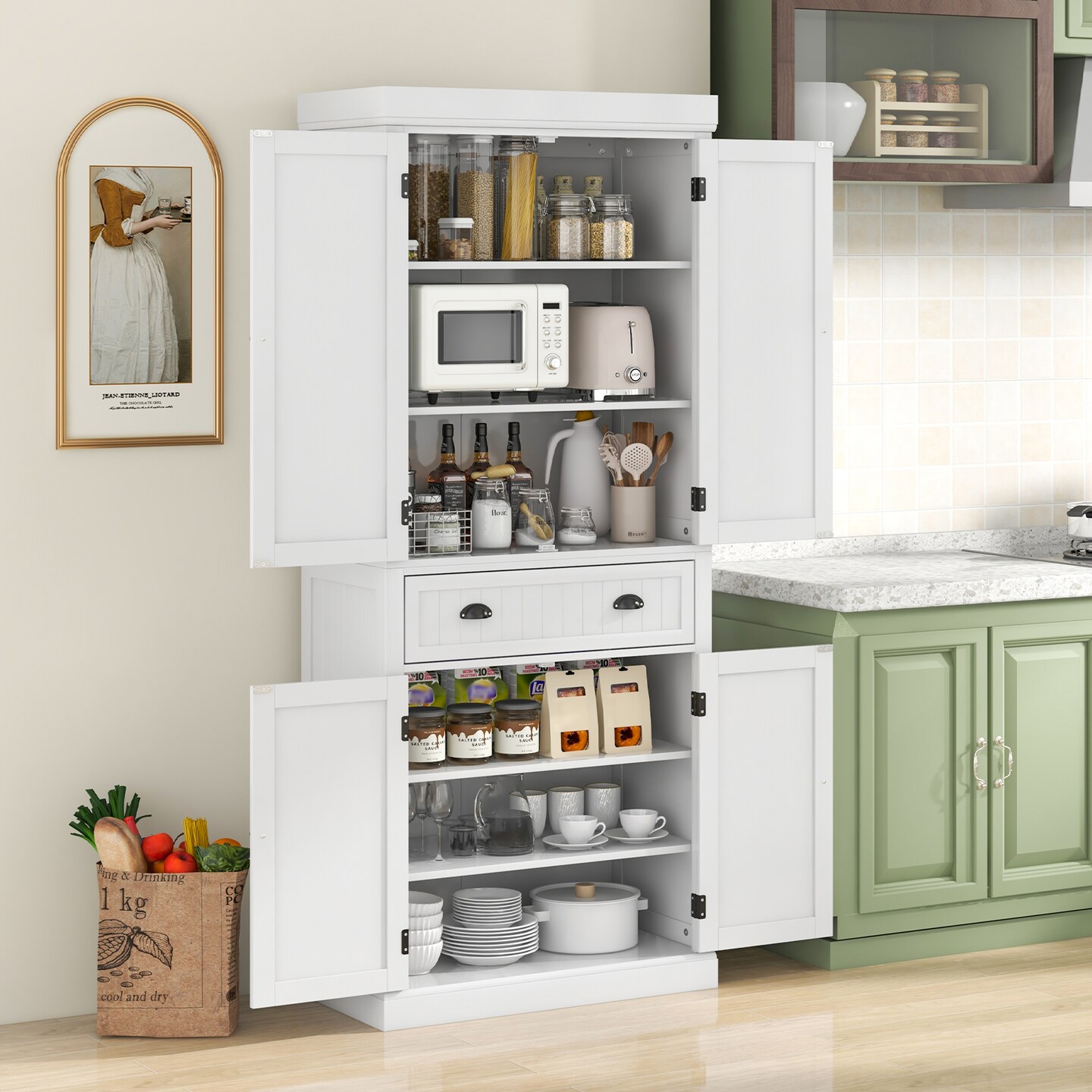 Freestanding Tall Kitchen Cabinet with 3-Position Adjustable Shelves and Large Capacity Drawer
