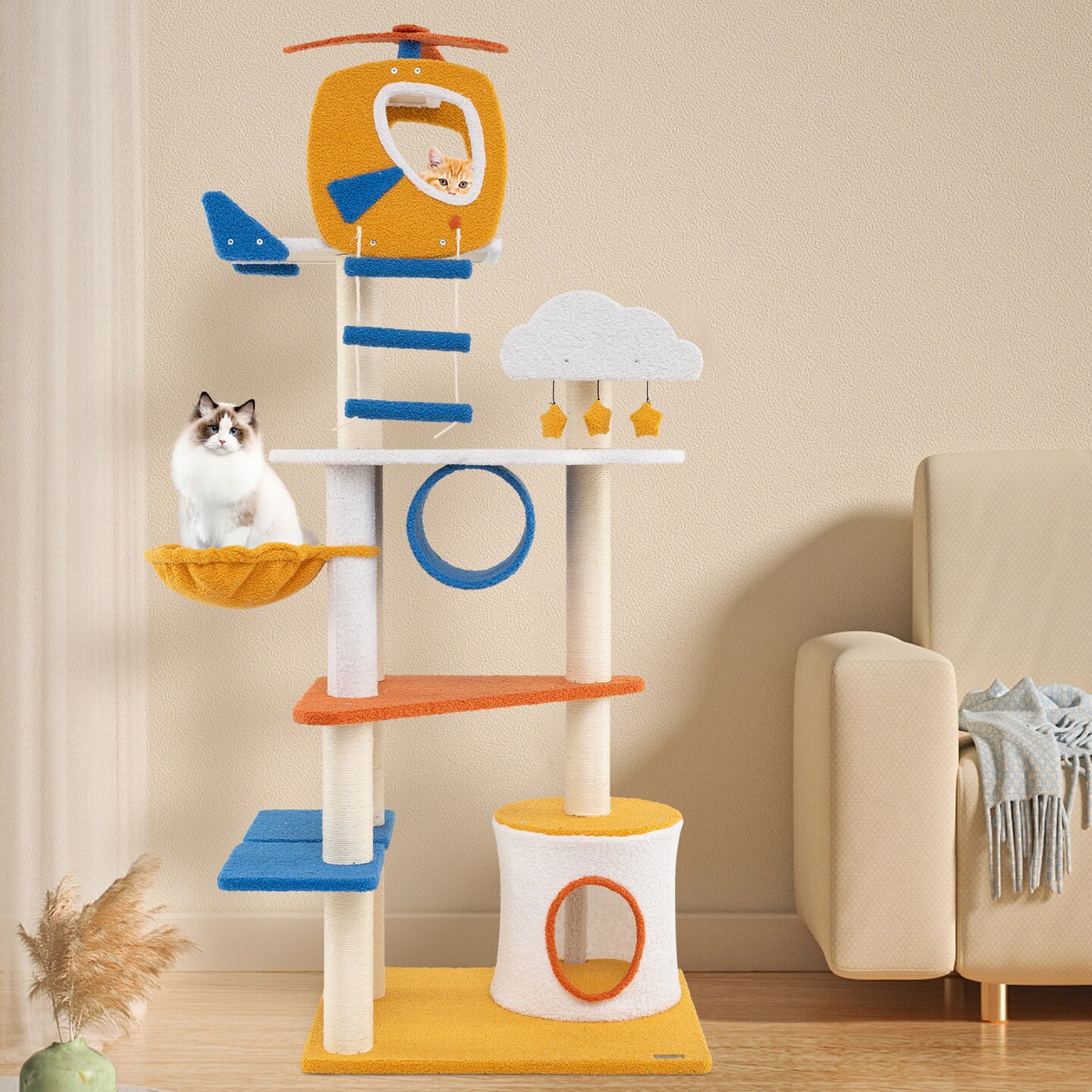 70 Inch Tall Aviation-Themed Cat Tree Tower with Helicopter Top Perch Ideal for Indoor Cats