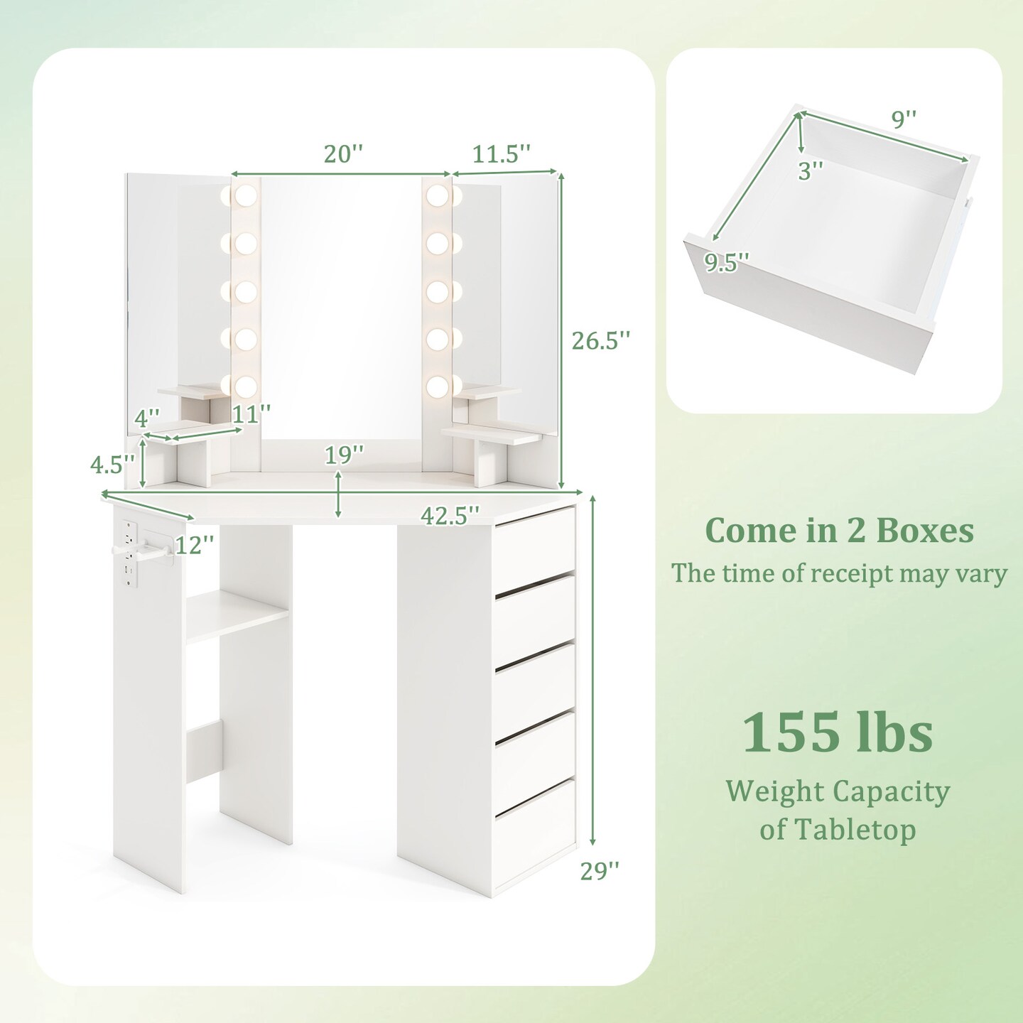 Corner Vanity Desk with 3-Panel Mirror, LED Lights, Charging Ports and Storage