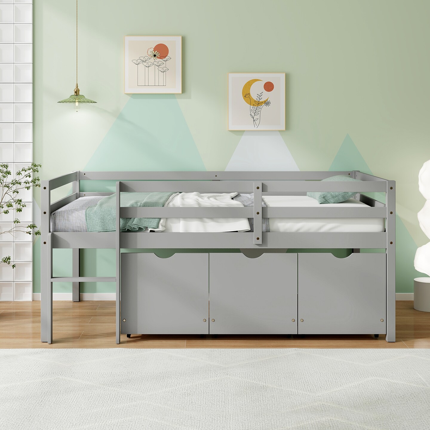 Twin Size Low Loft Bed with 3 Storage Drawers Ladder and Guardrails