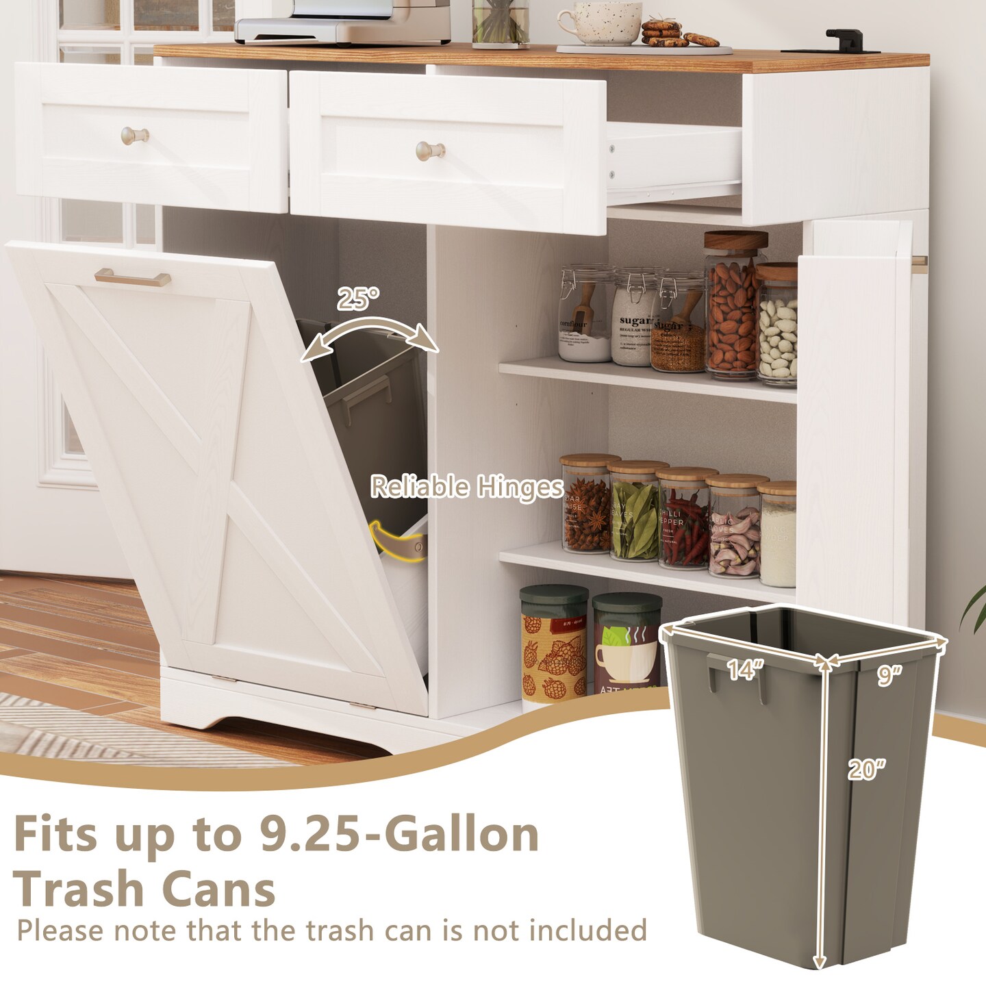 Tilt Out Wooden Trash Can Cabinet with 3 Position Adjustable Shelf and Power Outlets