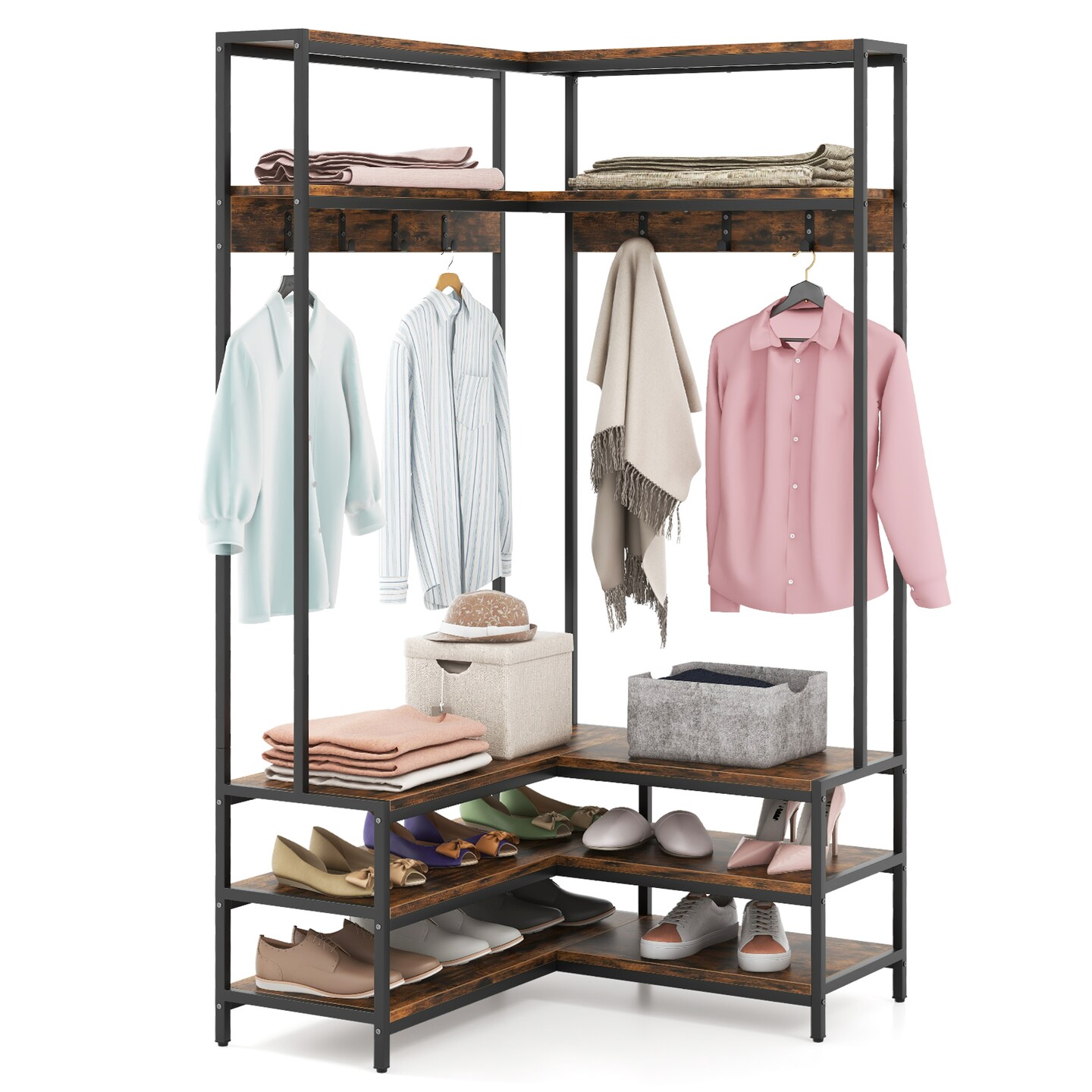 Multi-purpose Coat Rack with Open Shelves & Metal Hooks for Storage