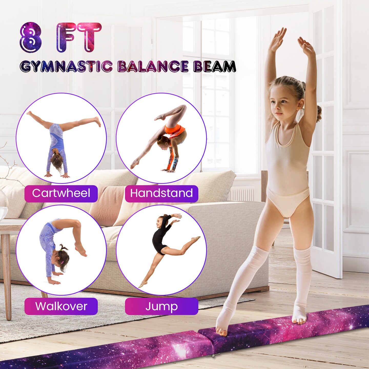 8 Feet Portable Folding Gymnastic Balance Beam with Solid Wood Base Ideal for Walkover or Cartwheel