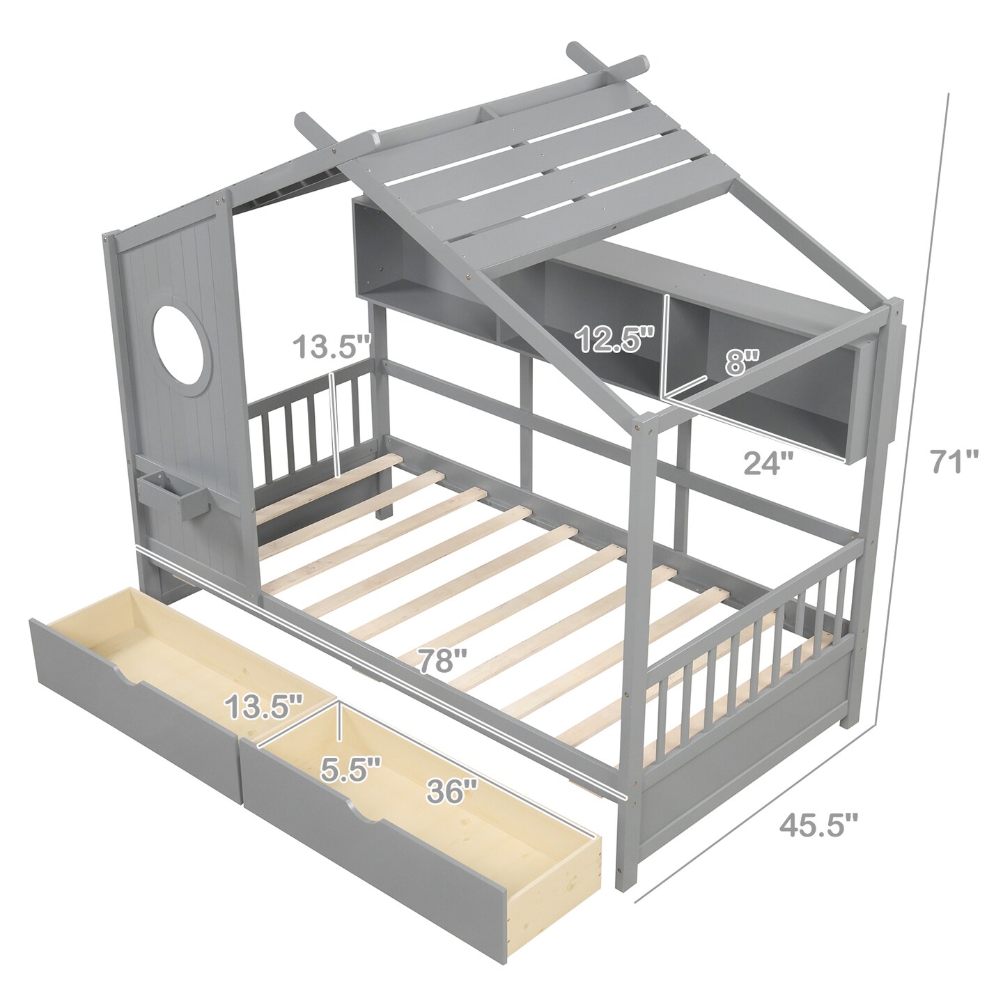 Twin Size Pine Wood House Bed with Storage Drawers, Guardrails and Shelves