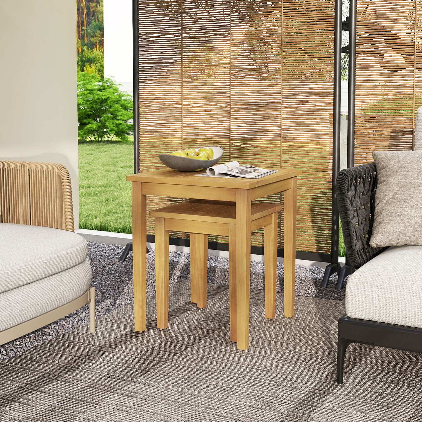 Natural Teak Wood Nesting Side Tables with Slatted Top, Space-Saving Design