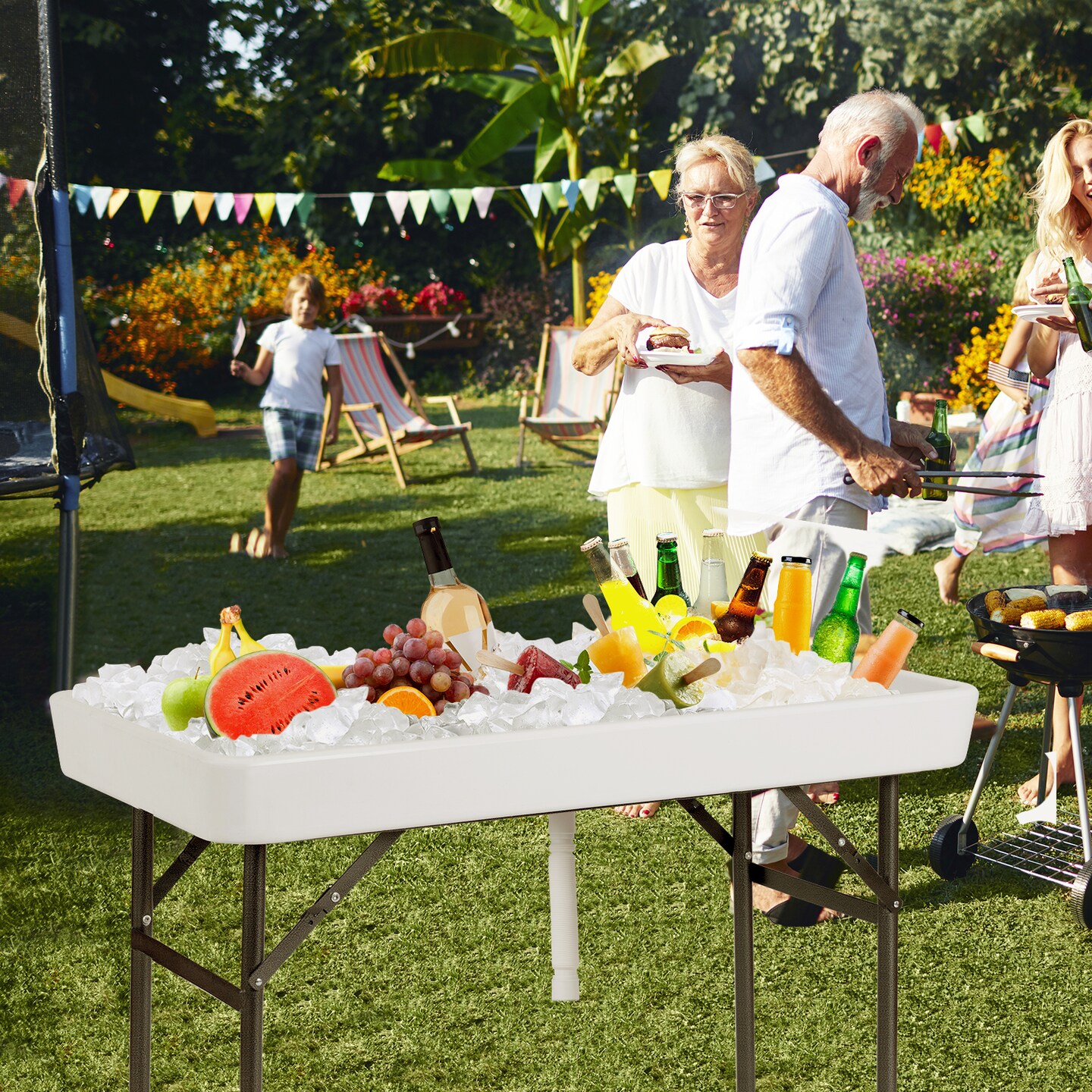 4 Feet Plastic Party Folding Ice Table with Matching Skirt Suitable for Indoor and Outdoor Use