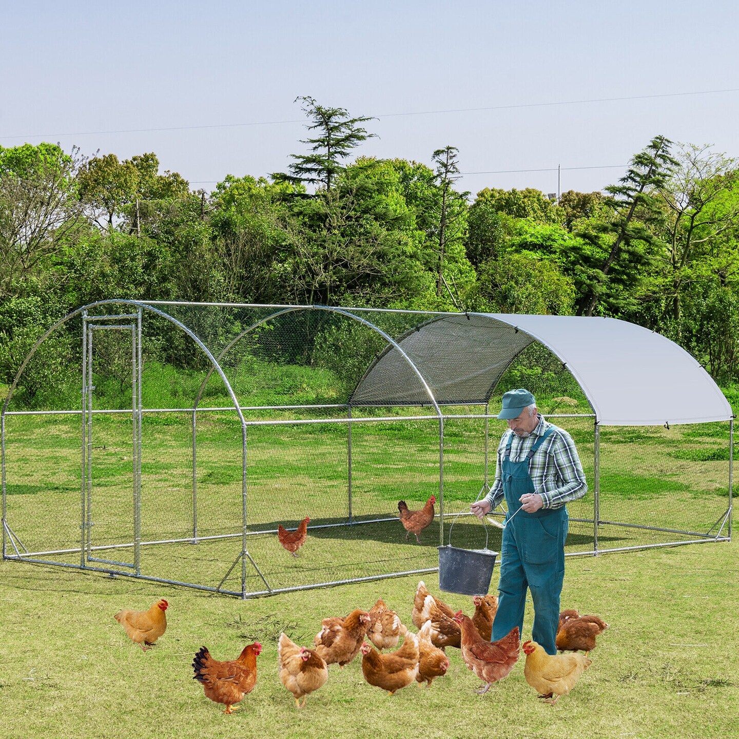 Galvanized Metal Chicken Coop with Waterproof Cover, Lockable Door and Spacious Design