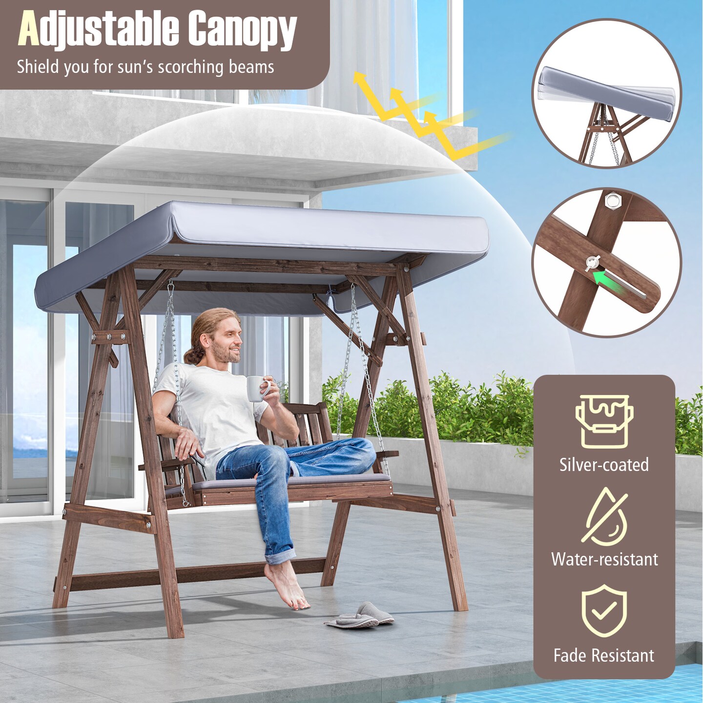 Brown Wooden Outdoor Porch Swing with A-Shaped Stand and Grey Tilt Canopy Ideal for 2 Person