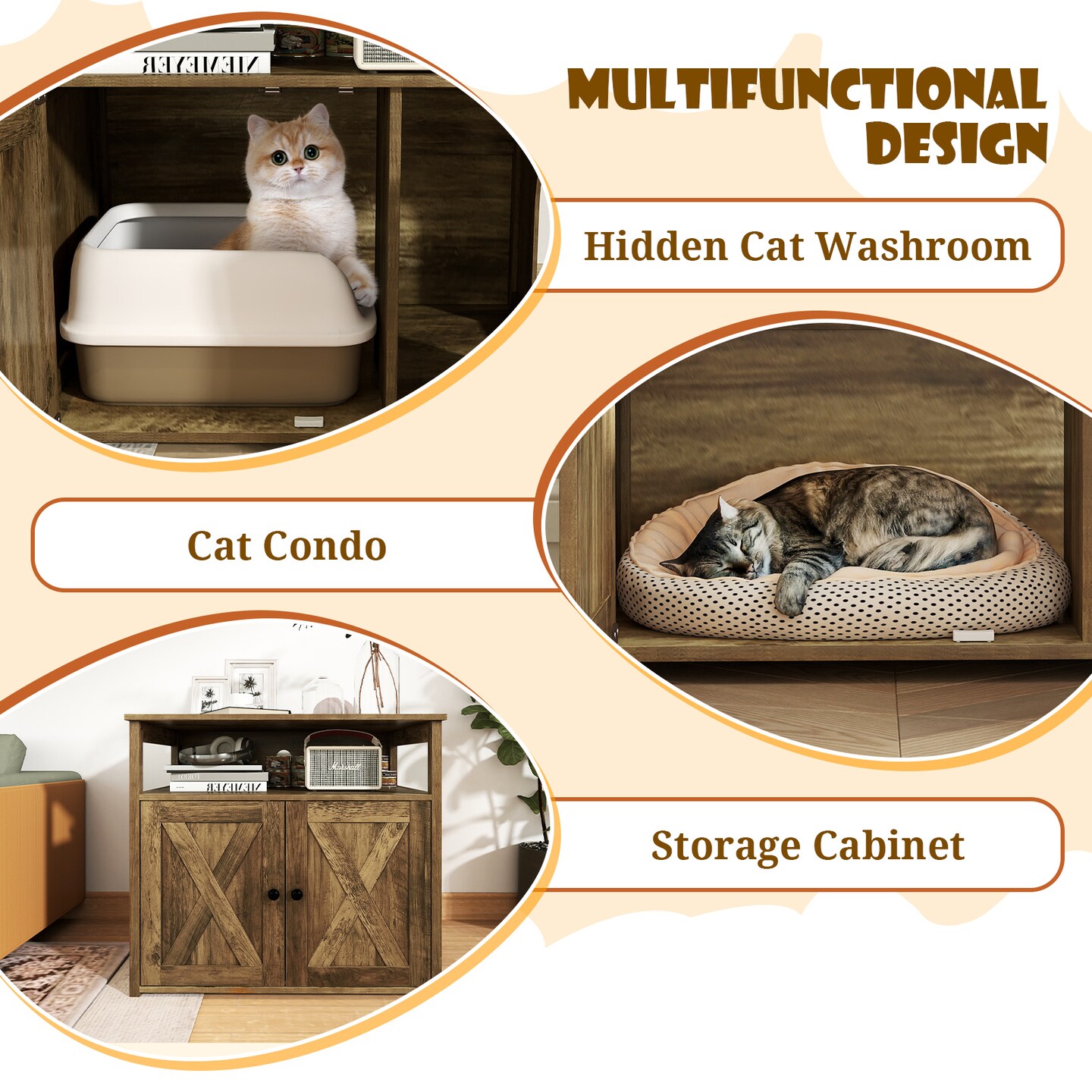 Cat Litter Box Enclosure with Double Barn Doors and Storage Shelf Ideal for Indoor Pet Use
