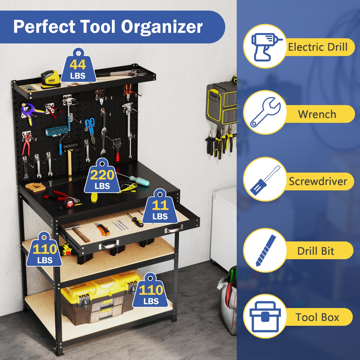 Tool Organizer Workbench with 20 Pieces Hanging Accessories Suitable for Home or Garage Use