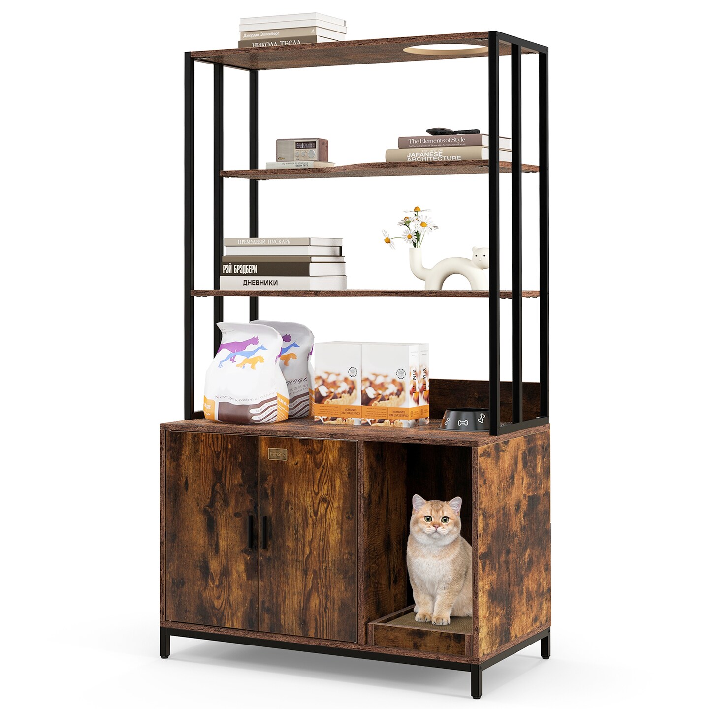 MDF Metal Cat Cabinet with Scratcher, Cat Litter Box Enclosure , Storage and Side Entry