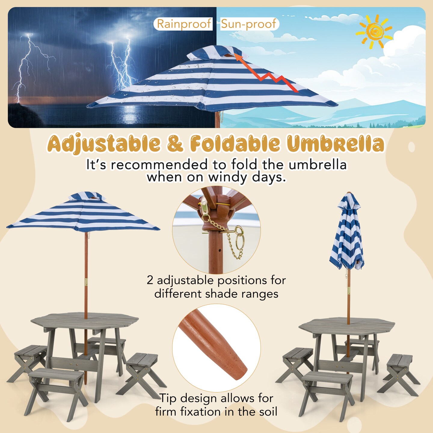 2-in-1 Convertible Kids Wooden Table Set with Umbrella Hole Perfect Gift for Your Kids