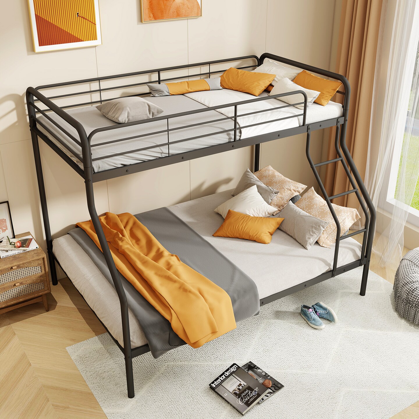 Twin Over Full Metal Bunk Bed with Guardrails, Ladder, Storage Space and Sturdy Construction