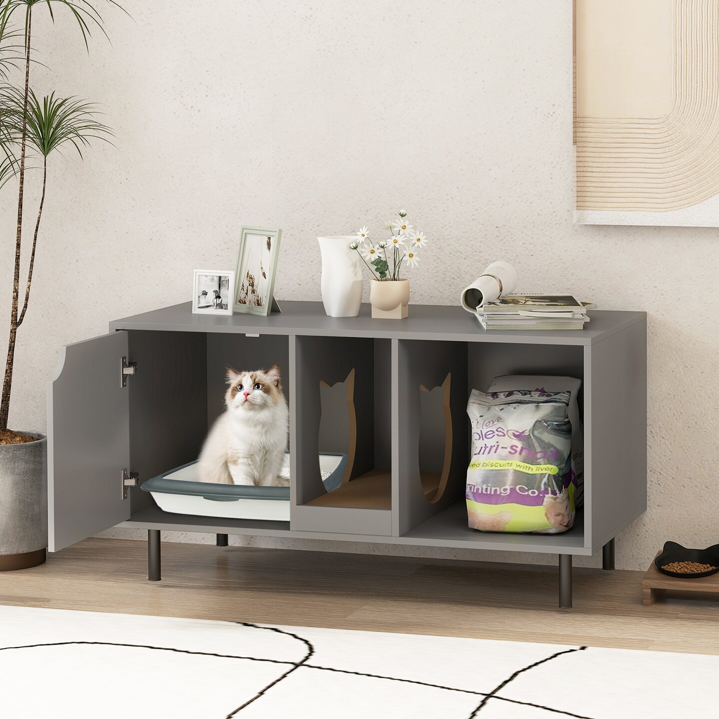 Engineered Wood Cat Litter Box Cabinet with Scratcher and Storage