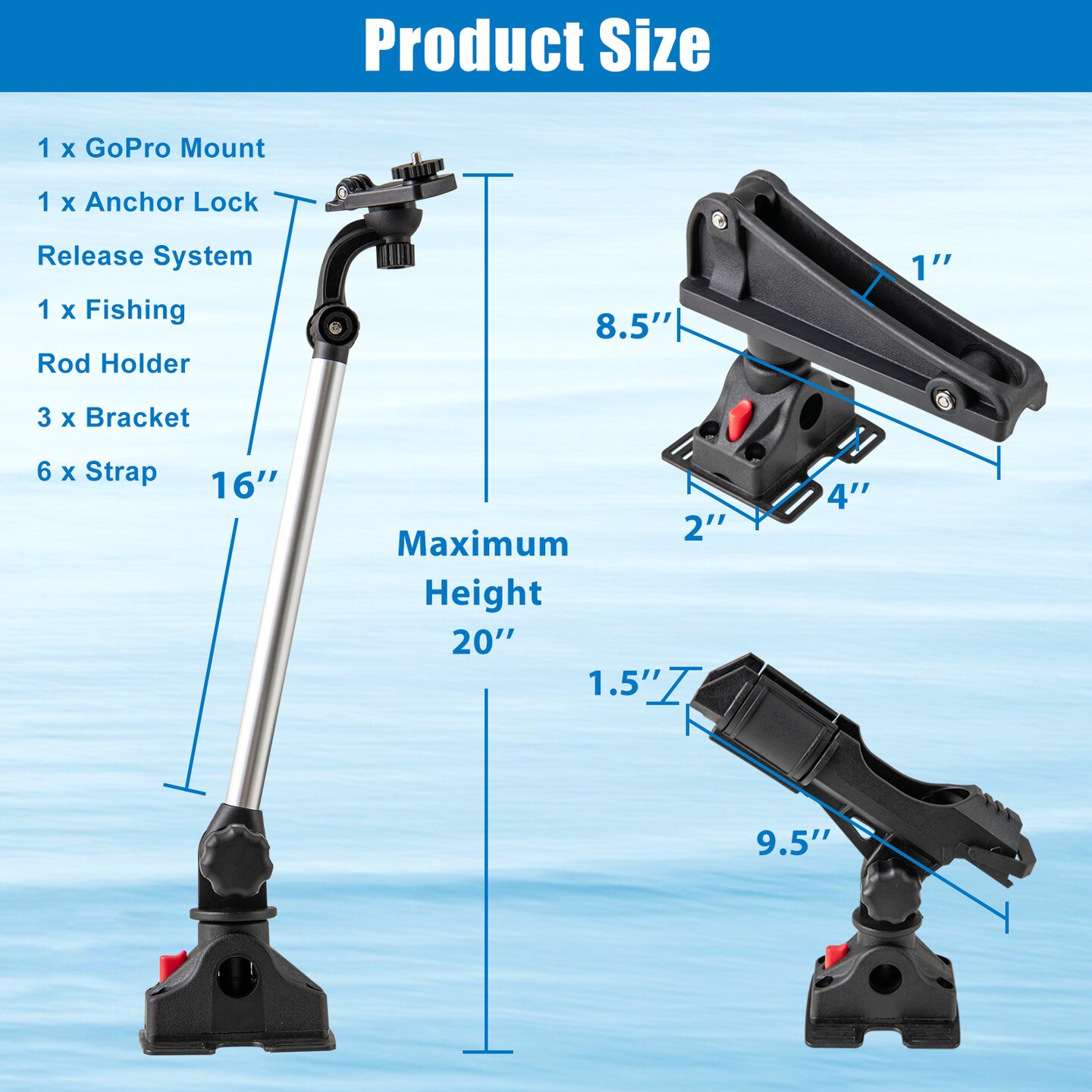 3-Piece Fishing Boat Accessory Set with Adjustable Go Pro Mount, Rod Holder, and Oar Holder