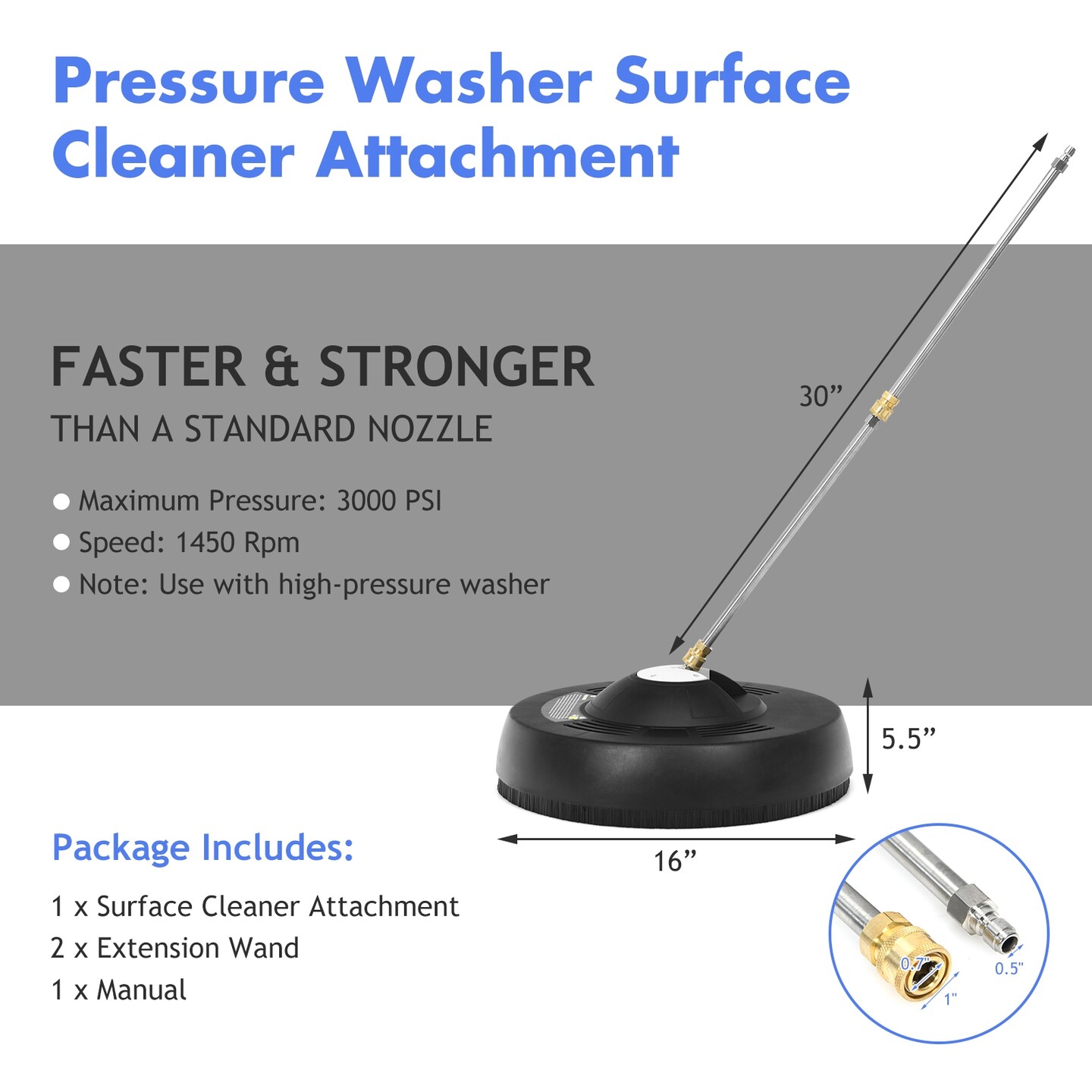 Black 16 Inch Pressure Washer with Quick-Connect Extension Wands and 2 Spray Nozzles and