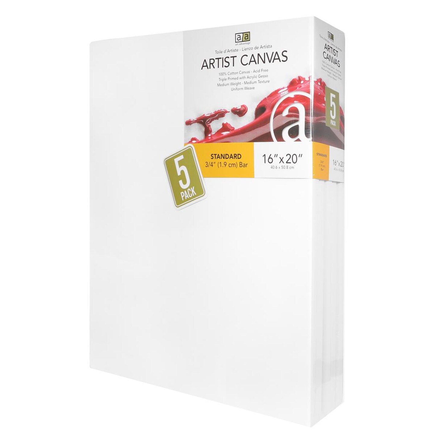 Art Advantage Artist Canvas Visual Edge 16x20, 5pc, Stretched Canvas for Painting, Blank Canvas for Acrylics &#x26; Oils, Canvases for Artists, Professional Pre-Stretched Canvas