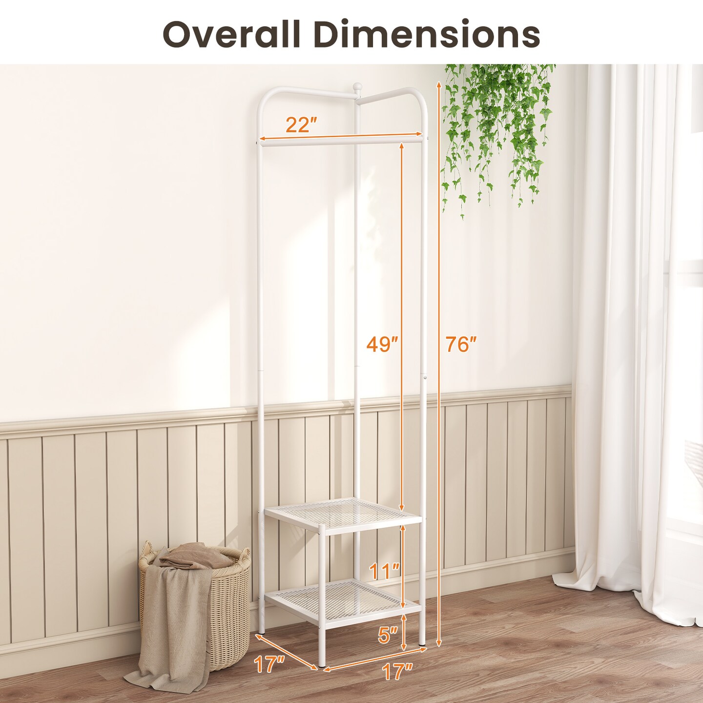 Corner Coat Rack with Top Hanger and 2 Mesh Shelves for Entryway