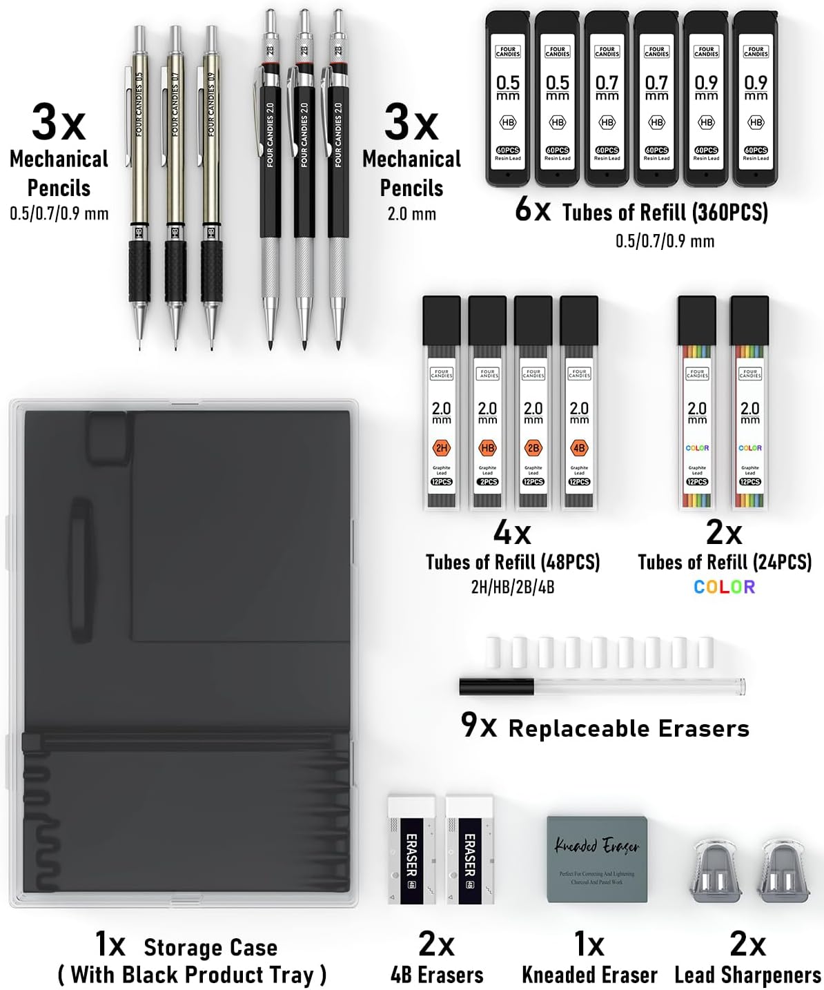 25PCS Art Mechanical Pencil Set with Case, 3PCS Metal Artist Lead Pencil 0.5, 0.7, 0.9 mm &#x26; 3PCS 2mm Holder (HB 2H 2B 4B Color) with 432PCS Graphite Lead Refills for Drawing Sketching