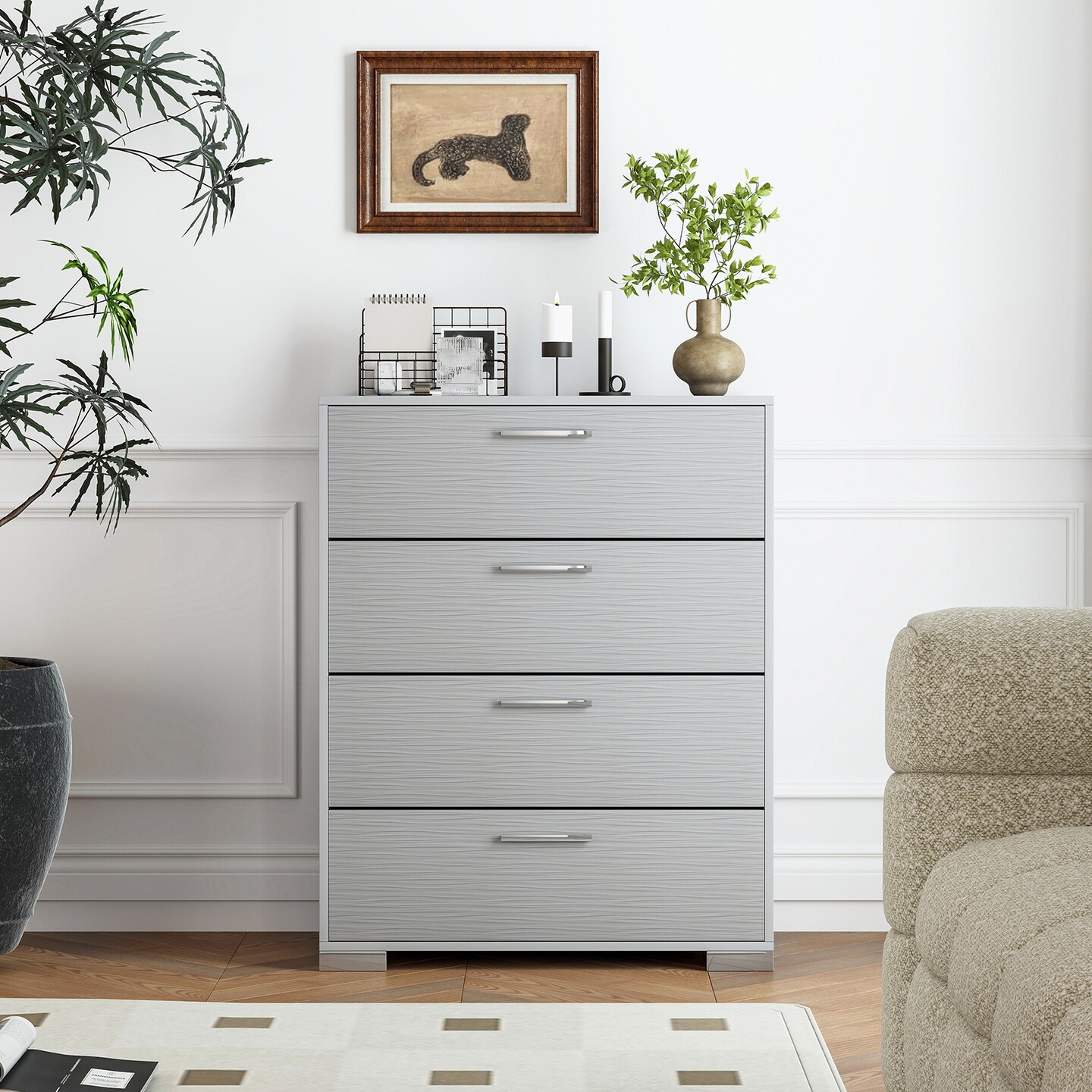 Engineered Wood Dresser with 4 Drawers Storage Cabinet, Metal Legs and Modern Design