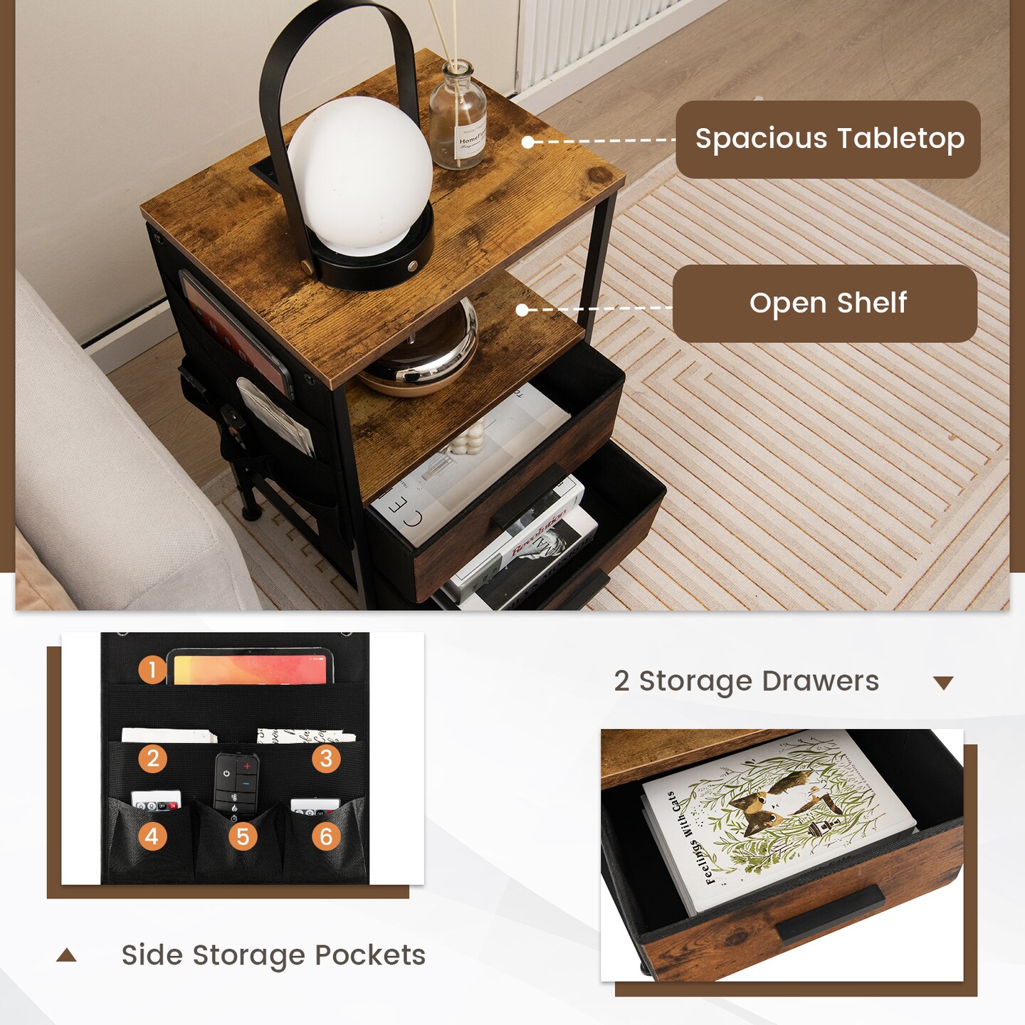 Rustic Brown Bedside Table with USB Ports and AC Outlets Perfect for Any Room