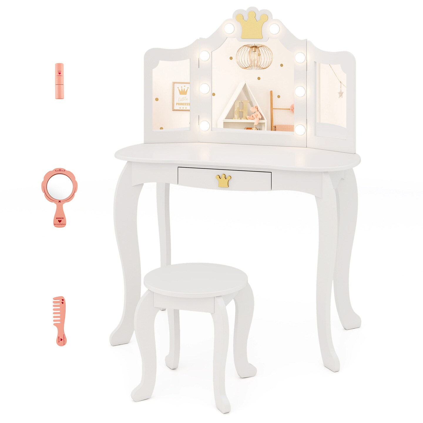 MDF and Acrylic Kids Vanity Set with Tri-Fold Mirror, LED Lights and Storage