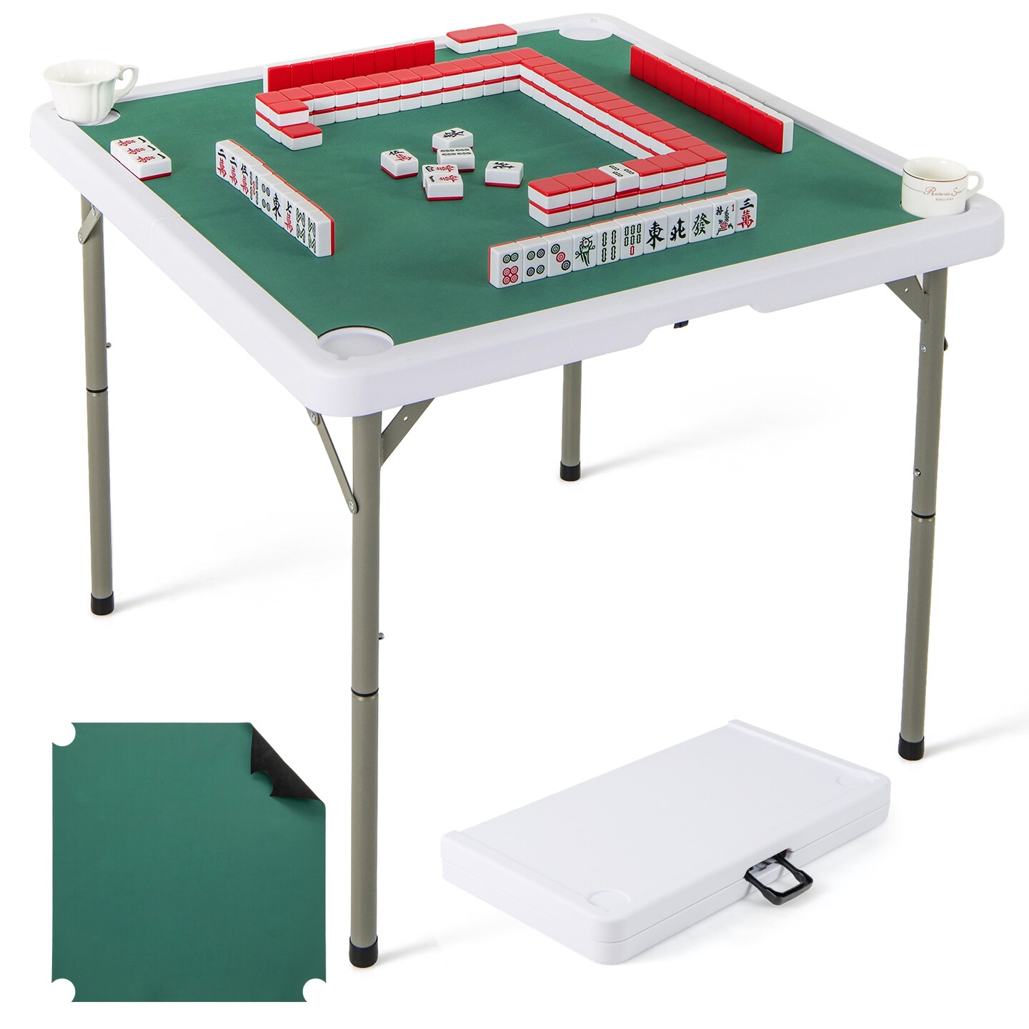 Portable Folding Mahjong Table with Cup Holders and Game Mat