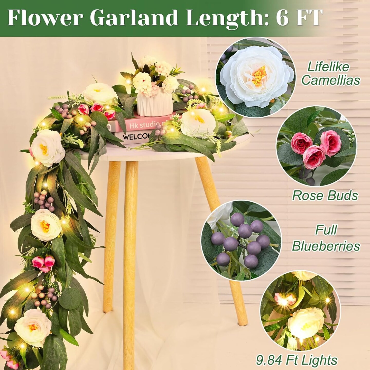 Flower Garland with Lights, Greenery Floral Garland with Camellia Rose Buds Fake Flowers for Wedding Arch Party Tables Mantle Backdrop Room Decor