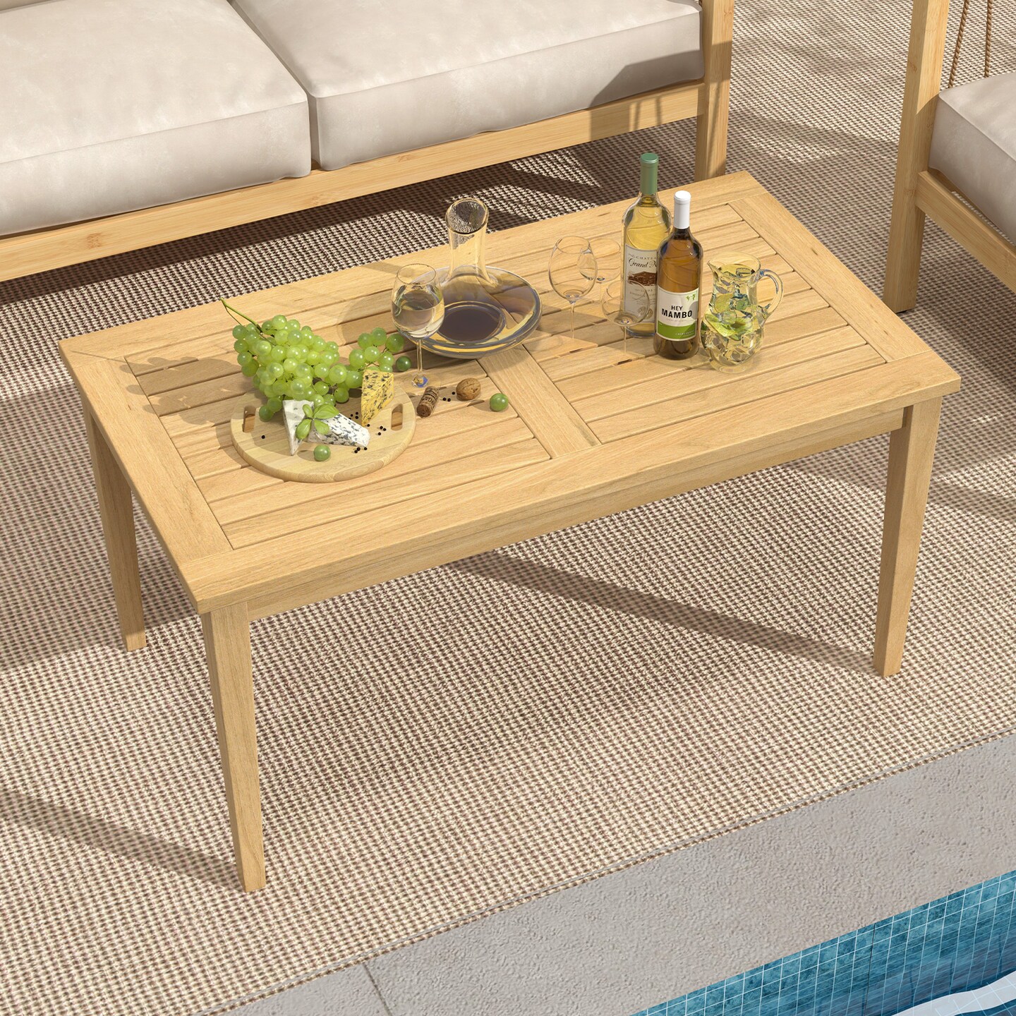 Natural Teak Wood Coffee Table with Slatted Top and Stable Structure