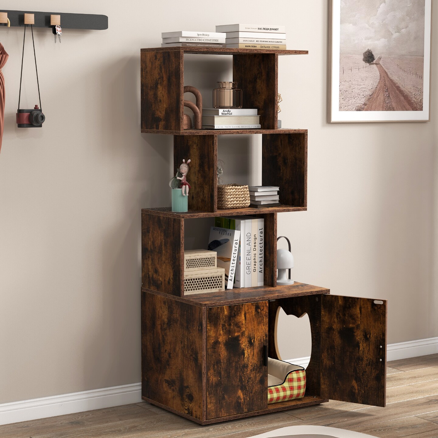 MDF Metal Cat Cabinet with Shelves and Litter Box Enclosure