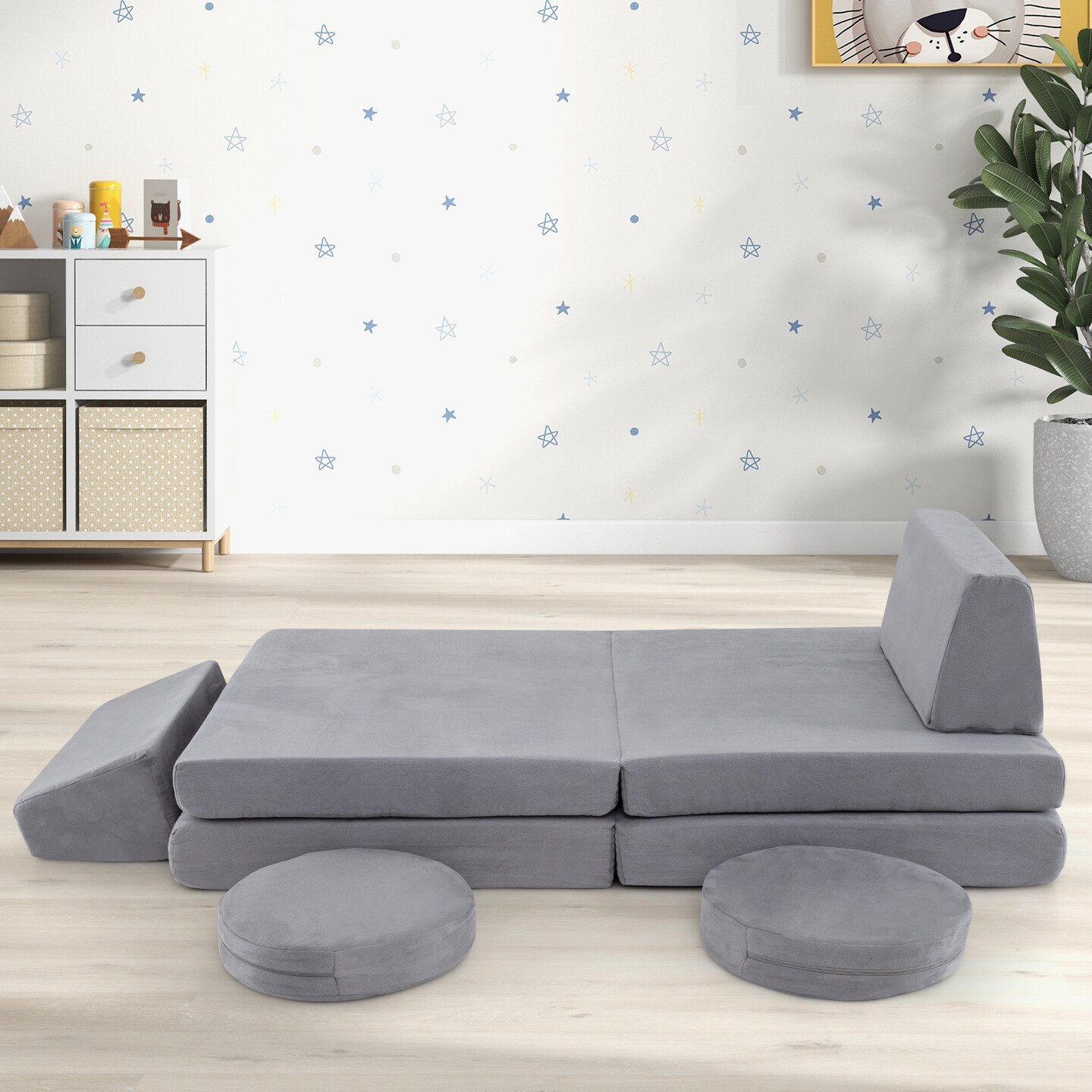 Grey 6 Pieces Modular Kids Play Couch Set with Velvet Covers Perfect Gift for Creative Kids