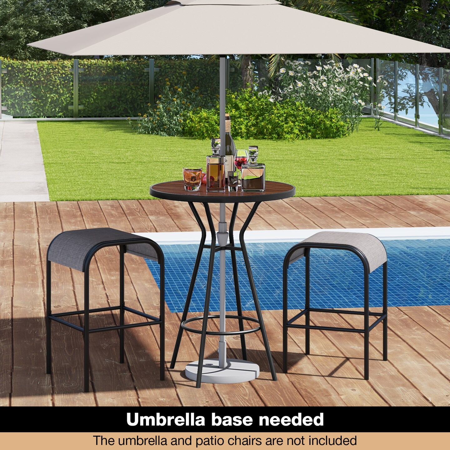 Outdoor Bar Table with Umbrella Hole, Footrest and Metal Base