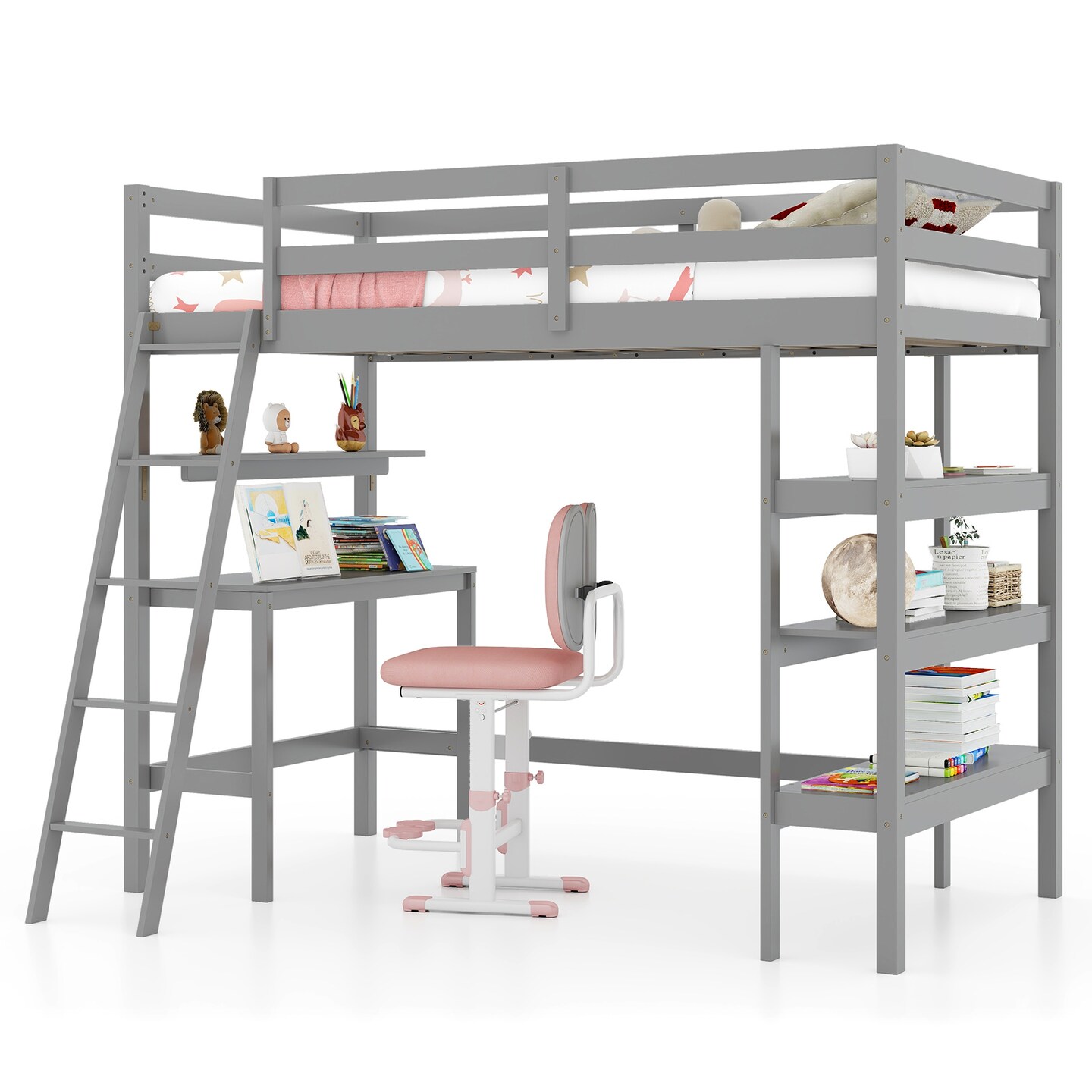 Twin Loft Bed with Desk and Bookshelves for Kids and Teens