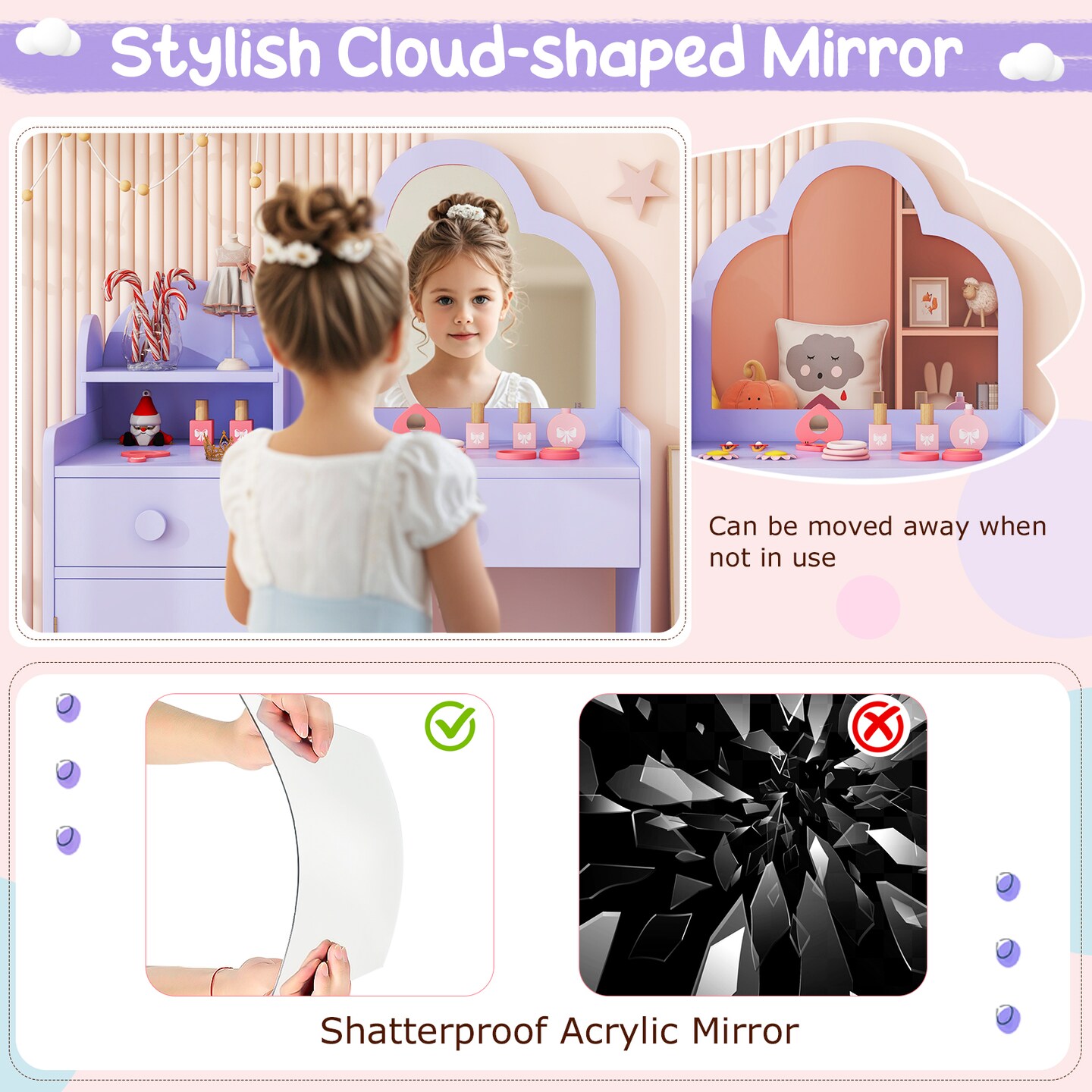 Kids Vanity Set, Cloud Shape Mirror, Storage and Pine Wood Stool