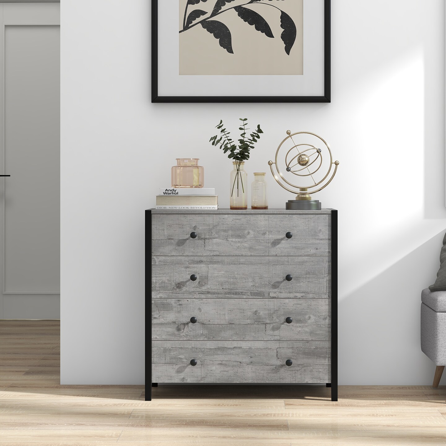 4-Drawer Dresser with Metal Knobs and Anti-Tip Safety Design