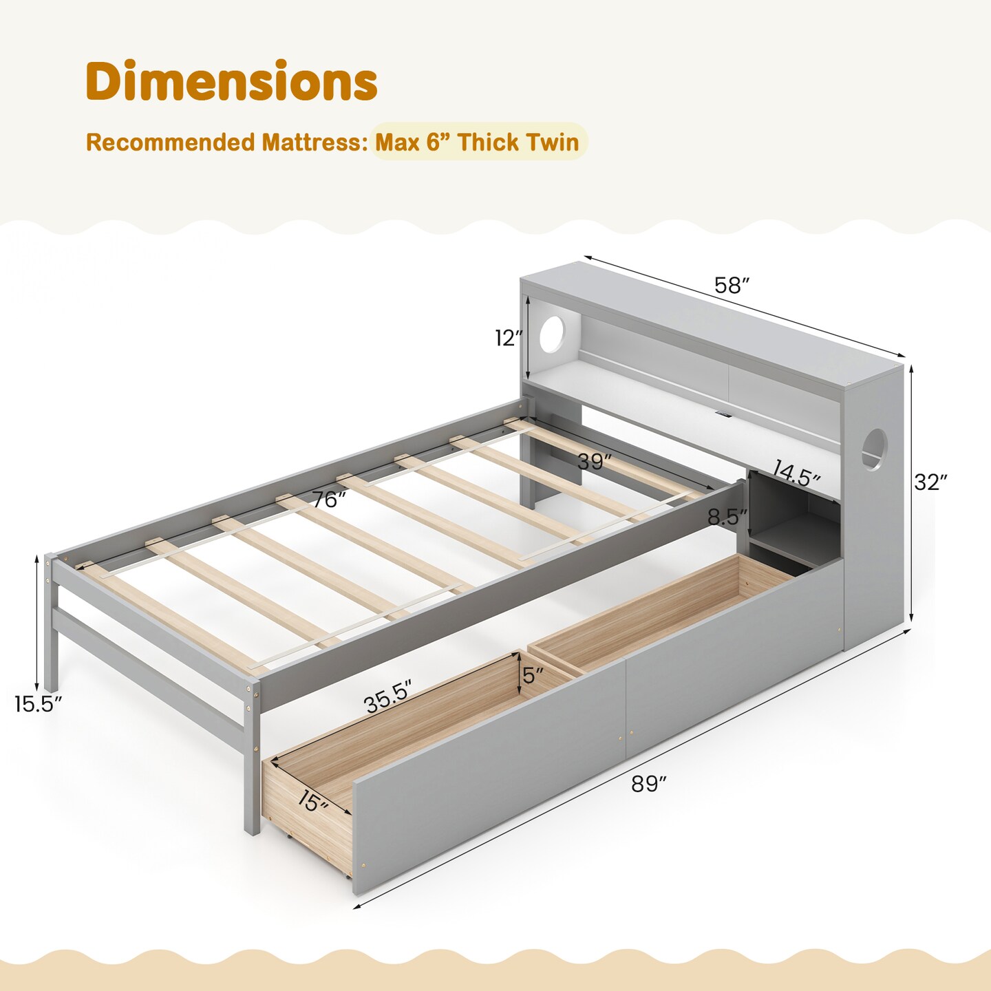 Solid Wood Bed with Storage Headboard, LED Light, USB Ports and Drawers