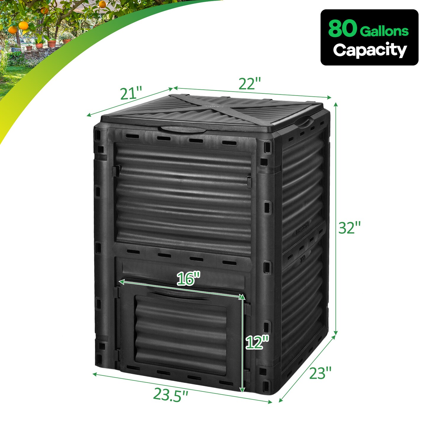 80-Gallon PP Composter Bin with Ventilation and Easy Access Door