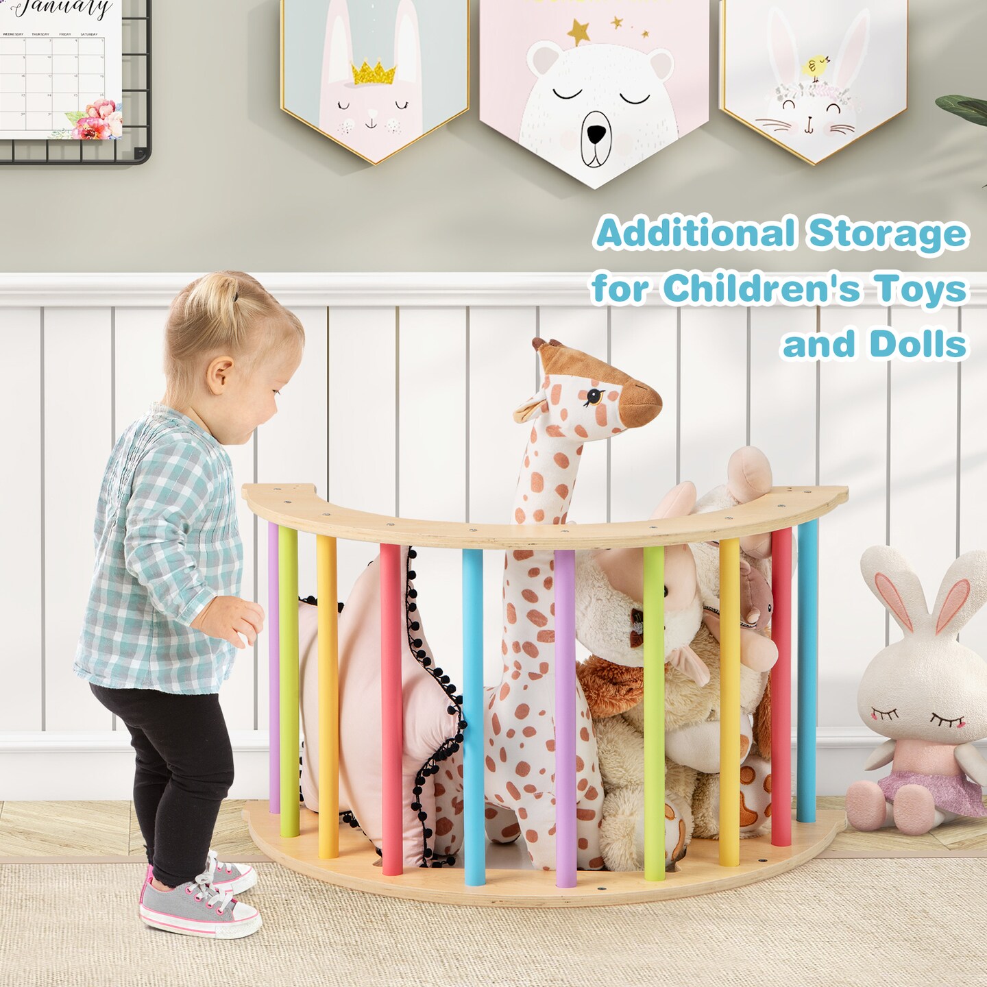 Wooden 6-in-1 Kids Climbing Arch Playset with Cushion, Storage Bin and Safety Features