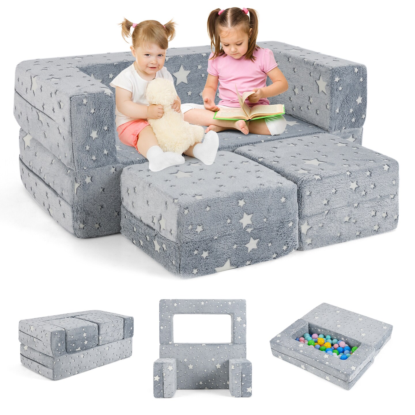 2 Seater Kids Sofa with Soft Foam, Glow in Dark Star Fabric and Modular Design