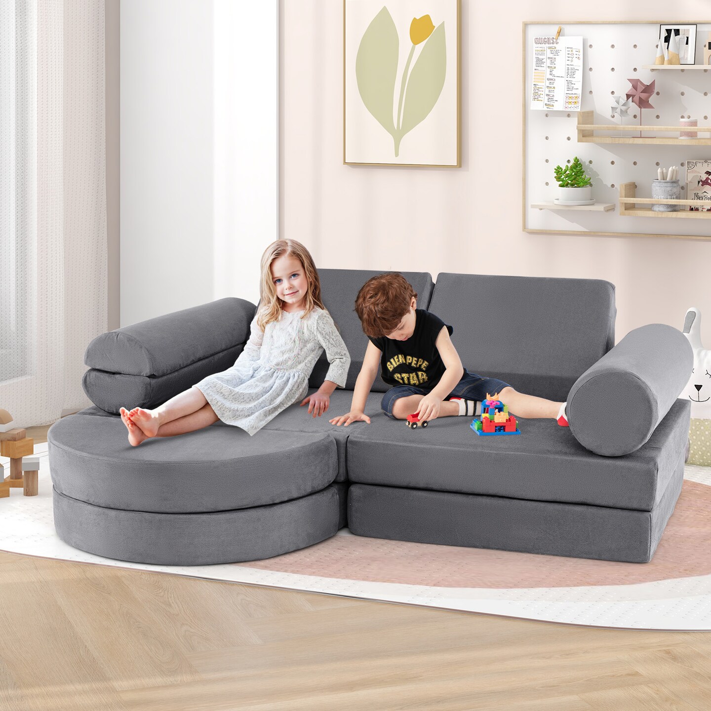 Velvet Suede 13-Piece Kids Modular Play Couch, Soft and Safe Design