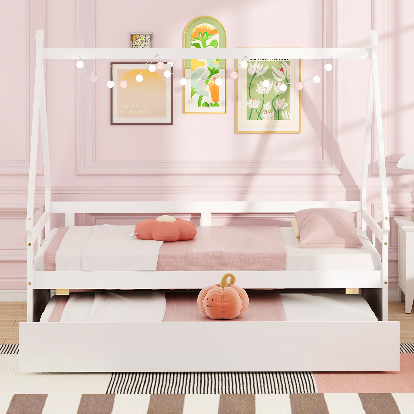 Twin Size House Frame Bed with Trundle, Wooden Construction and Creative Design