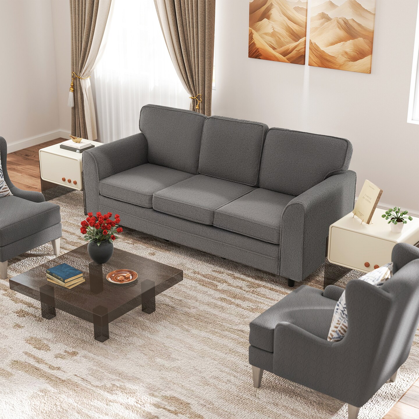 Modern 3-Seater Sofa Couch with Soft Teddy Velvet Ergonomic Cushions Wood Legs for Living Room