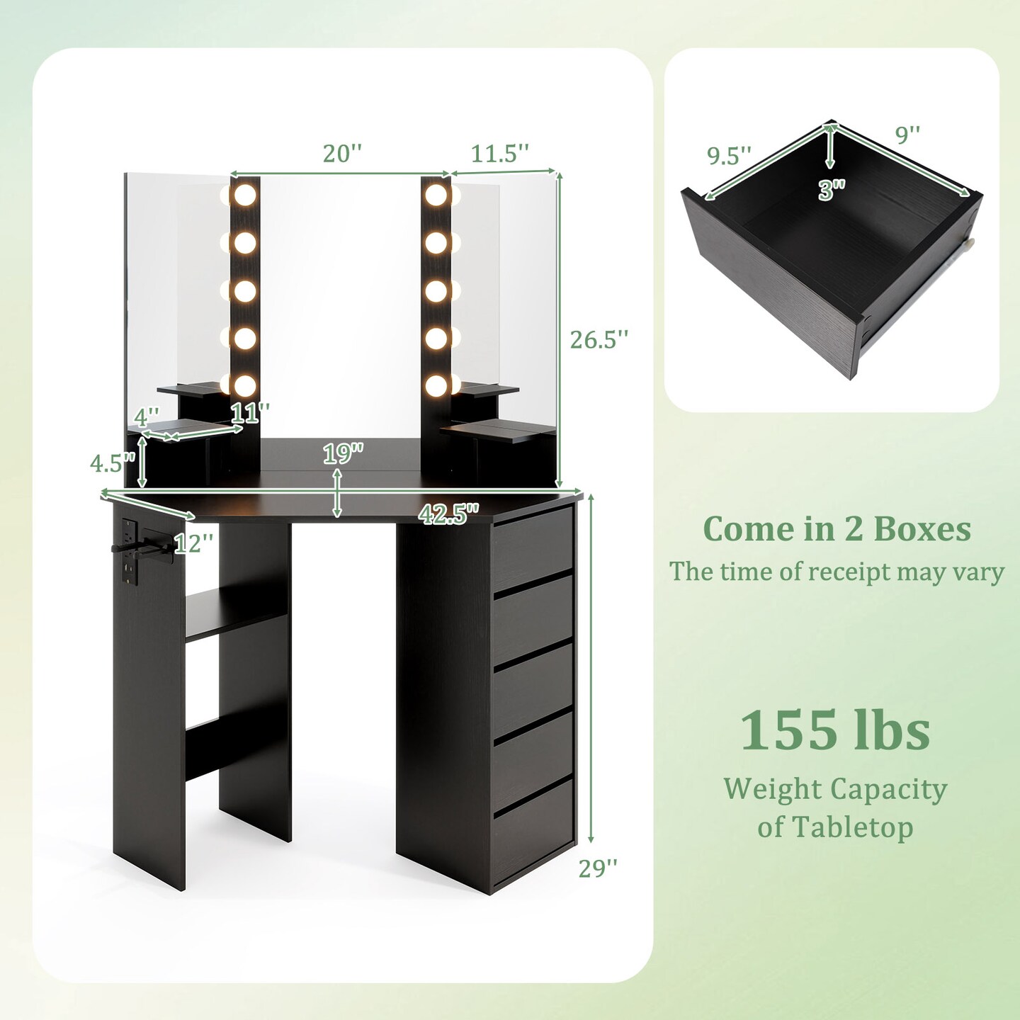Corner Vanity Desk with 3-Panel Mirror, LED Lights, Charging Ports and Storage