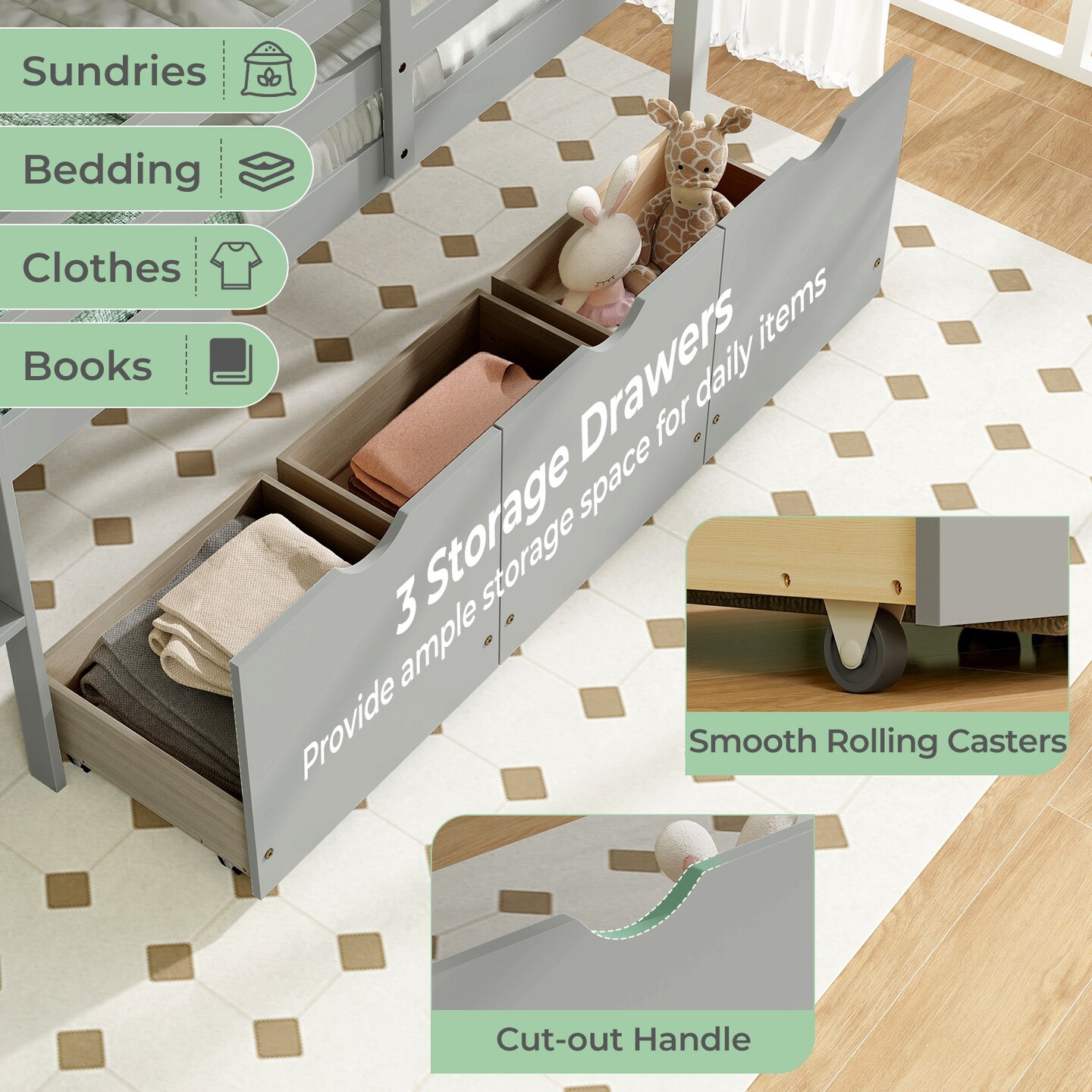 Twin Size Low Loft Bed with 3 Storage Drawers Ladder and Guardrails